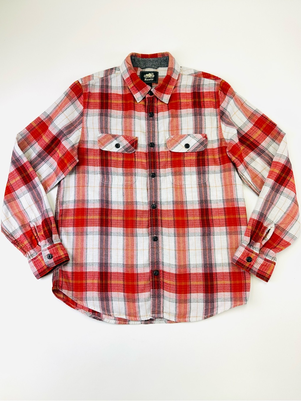 Roots Womens Red Plaid Cotton Flannel Shirt Small Cabincore Outdoorsy Casual